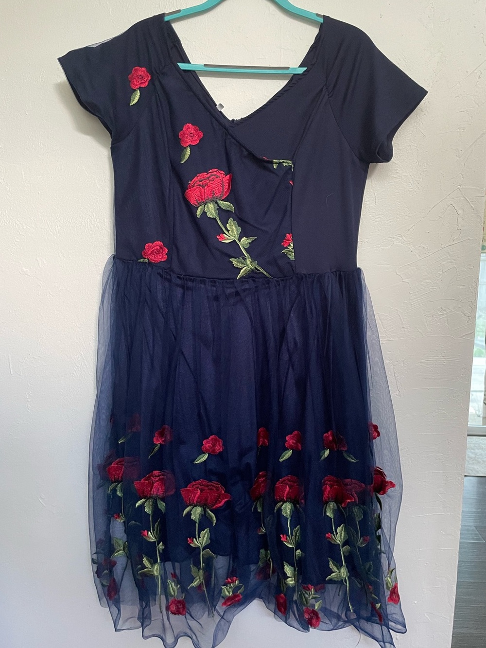 Rockabilly/50s Inspired Navy Dress with Rose Embroidery